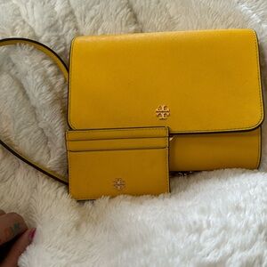 Tory Burch yellow crossbody/wallet on a chain with card holder